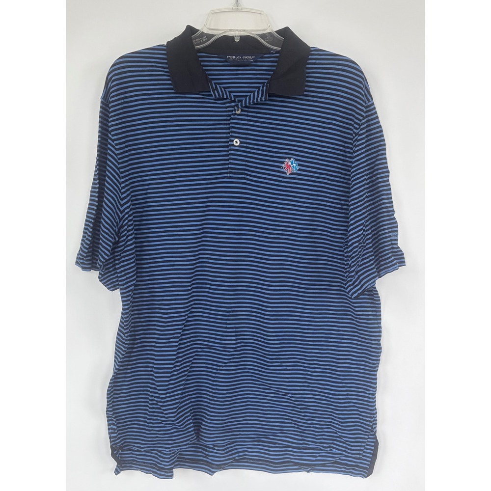 Polo Golf Ralph Lauren Mens Large Blue Striped Pima Cotton Polo Shirt Flag Logo